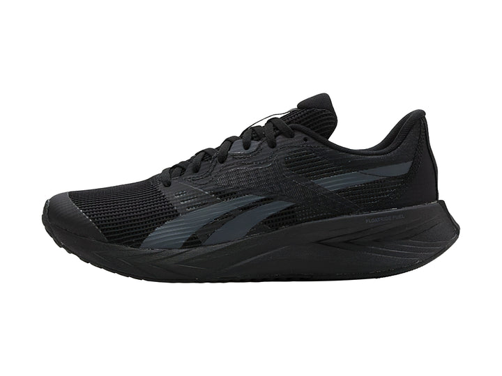 Tenis deportivos Reebok color negro con detalles en gris y suela negra.
