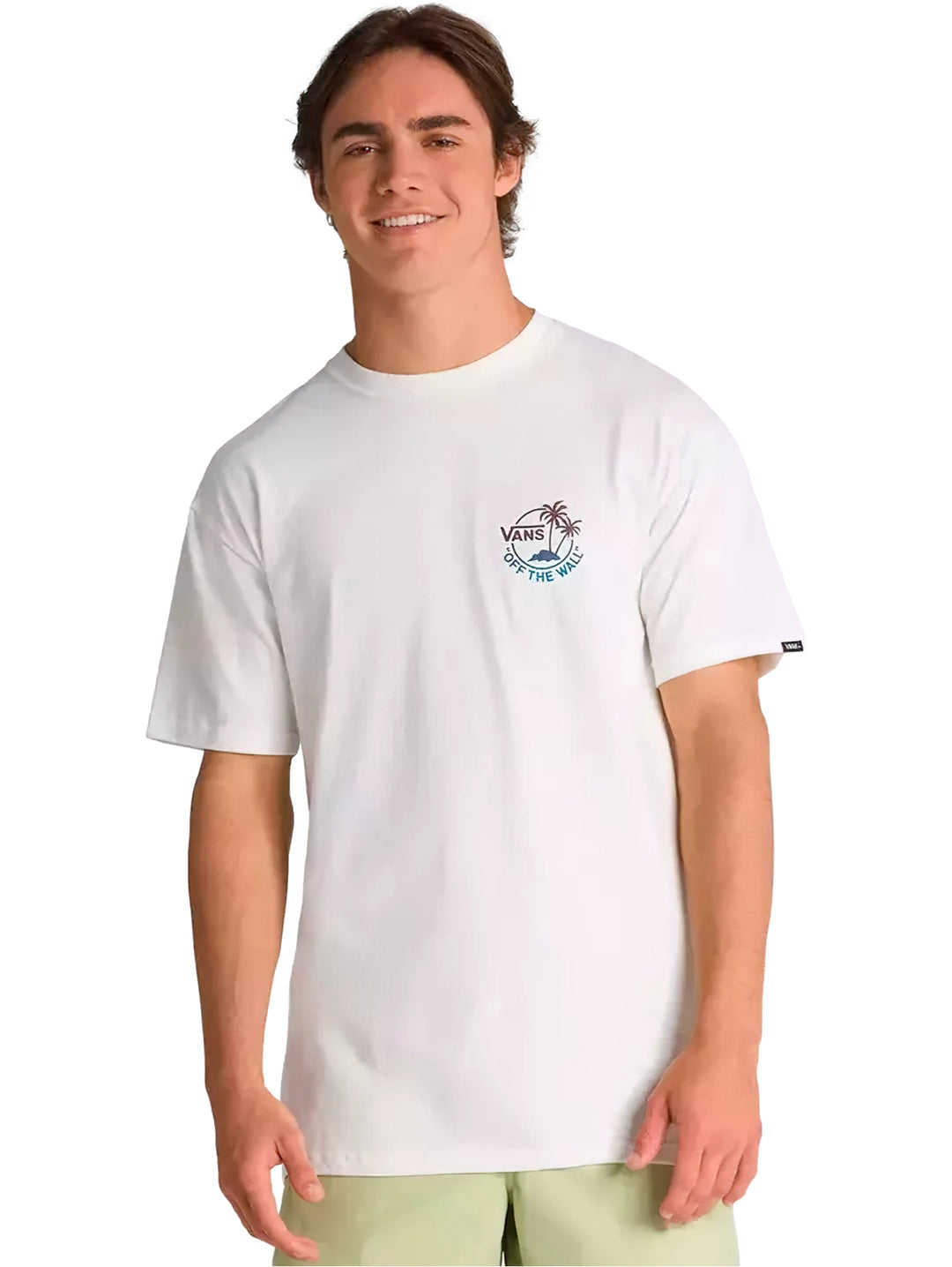 Hombre vistiendo una camiseta blanca de manga corta marca Vans con un pequeño gráfico en el pecho.
