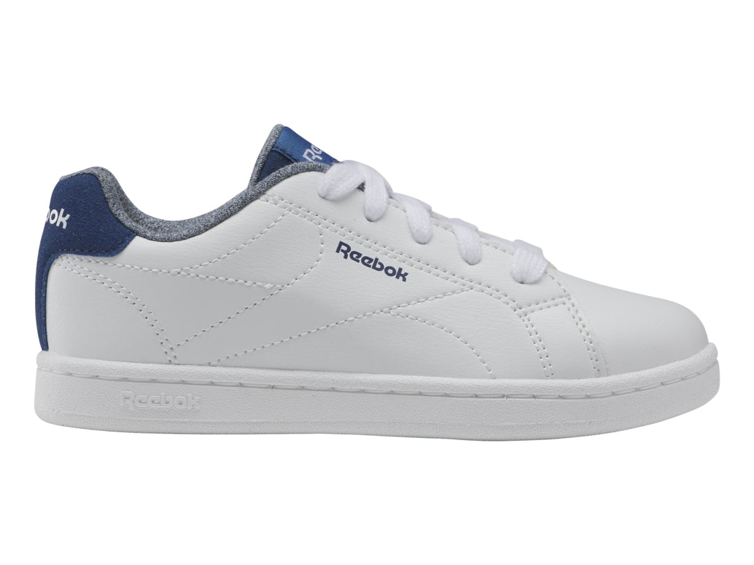 Tenis Reebok blancos con detalles en azul en el talón y lengüeta, diseño deportivo casual.