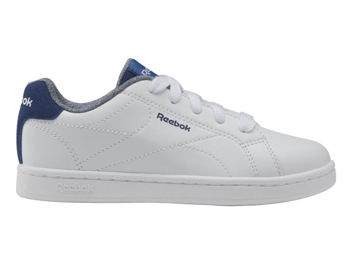 Tenis Reebok blancos con detalles en azul en el talón y lengüeta, diseño deportivo casual.