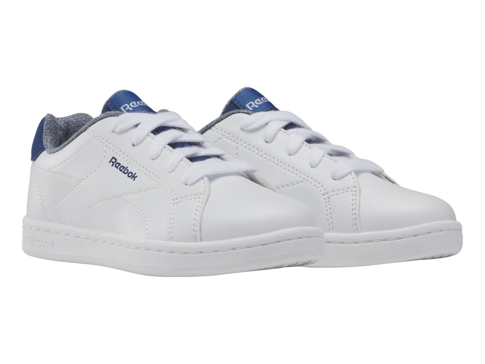 Tenis Reebok blancos con detalles en azul en el talón y lengüeta, diseño deportivo casual.