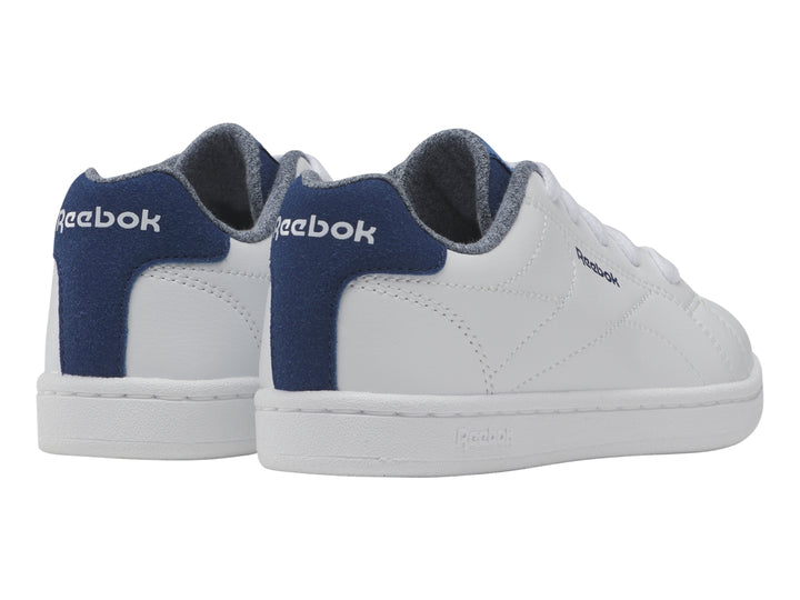 Tenis Reebok blancos con detalles en azul en el talón y lengüeta, diseño deportivo casual.