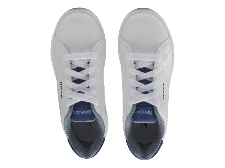 Tenis Reebok blancos con detalles en azul en el talón y lengüeta, diseño deportivo casual.