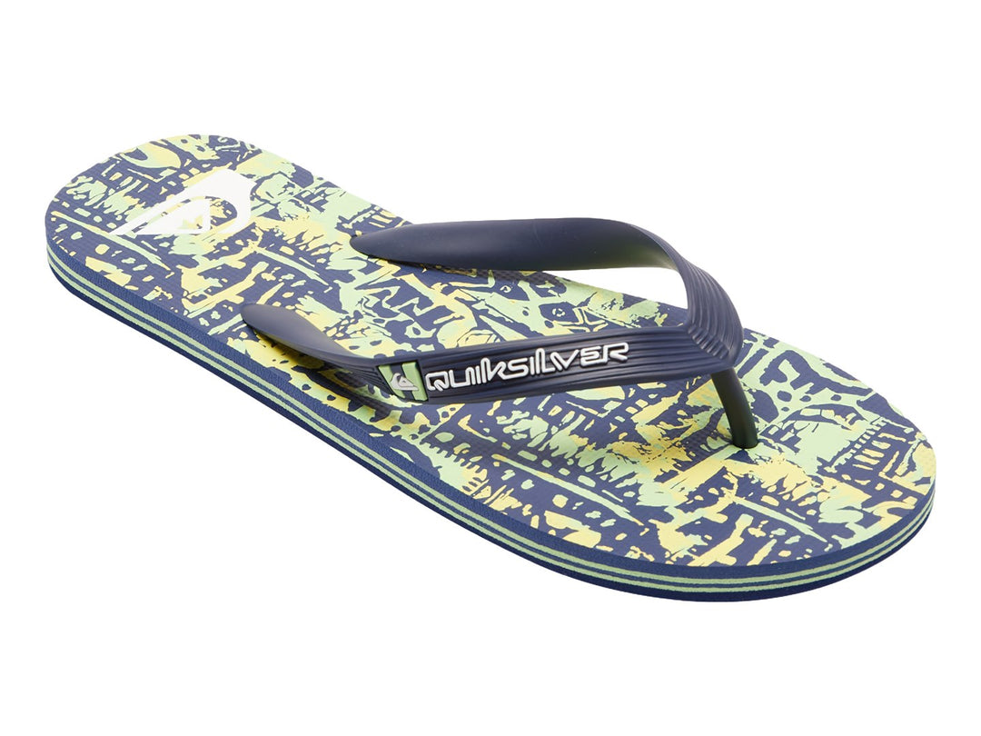 Sandalias Quiksilver con estampado multicolor en azul y verde y tiras azules.