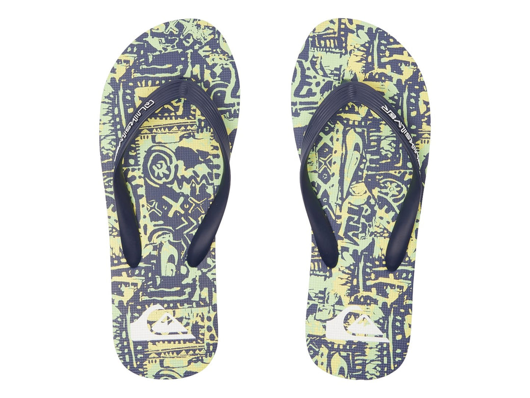 Sandalias Quiksilver con estampado multicolor en azul y verde y tiras azules.