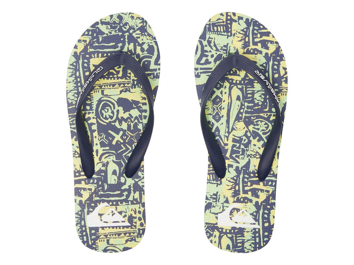 Sandalias Quiksilver con estampado multicolor en azul y verde y tiras azules.