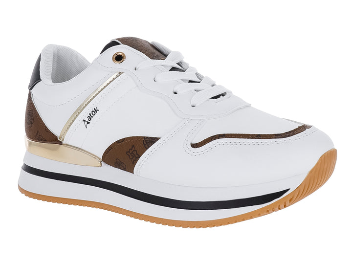 Tenis casuales ATOK color blanco con detalles en café, negro y dorado, con suela de goma color miel.