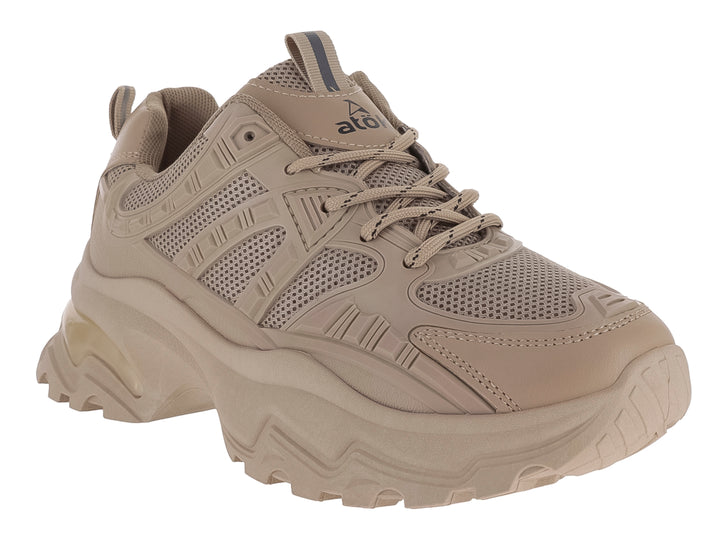 Tenis ATOK color khaki con suela gruesa y plataforma, diseño deportivo moderno en material sintético.