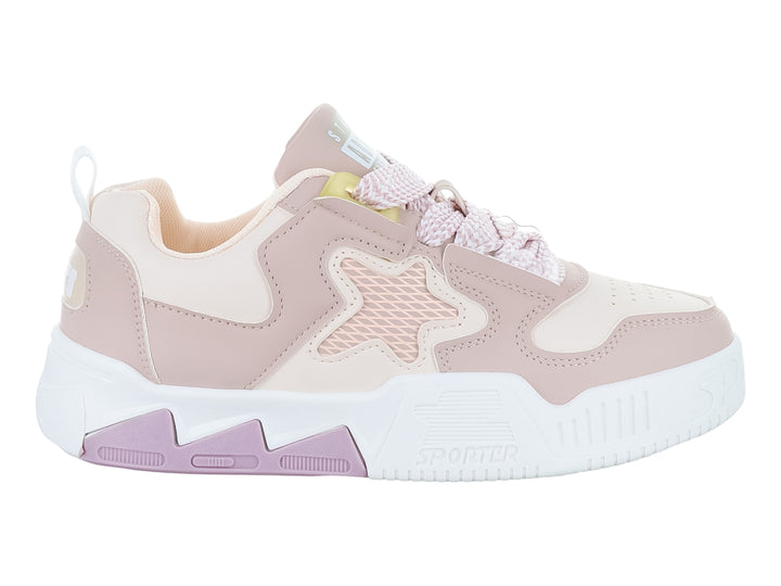 Tenis deportivos para niña en colores beige y rosa con suela blanca y detalles morados.