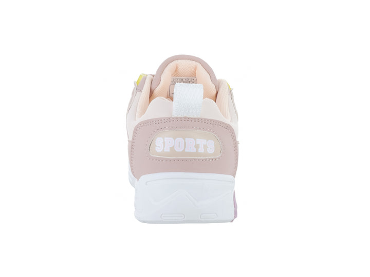 Tenis deportivos para niña en colores beige y rosa con suela blanca y detalles morados.