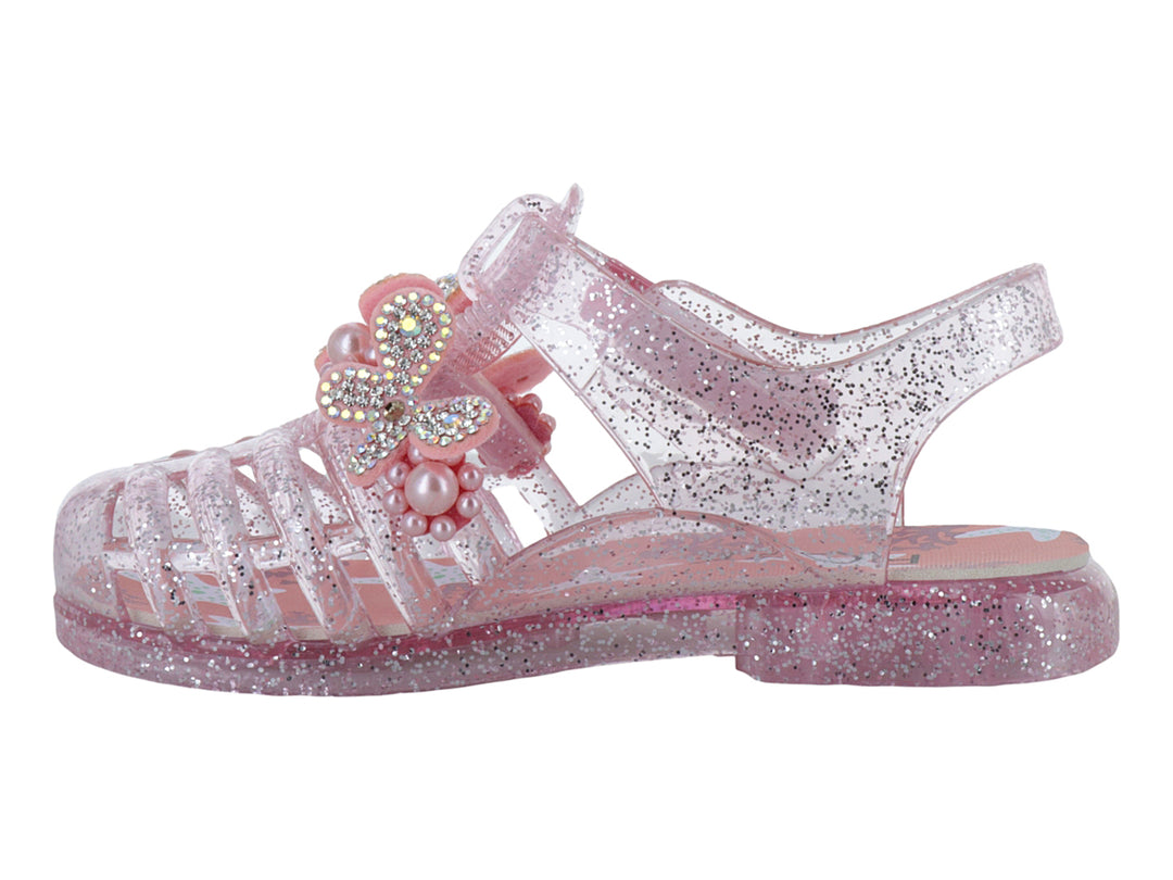 Sandalias infantiles color rosa con glitter, detalle de moño con perlas y correa ajustable marca ROZE.