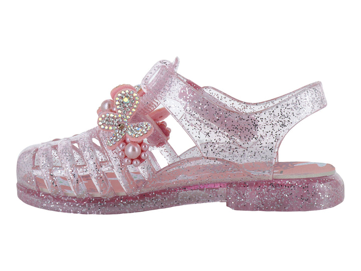 Sandalias infantiles color rosa con glitter, detalle de moño con perlas y correa ajustable marca ROZE.