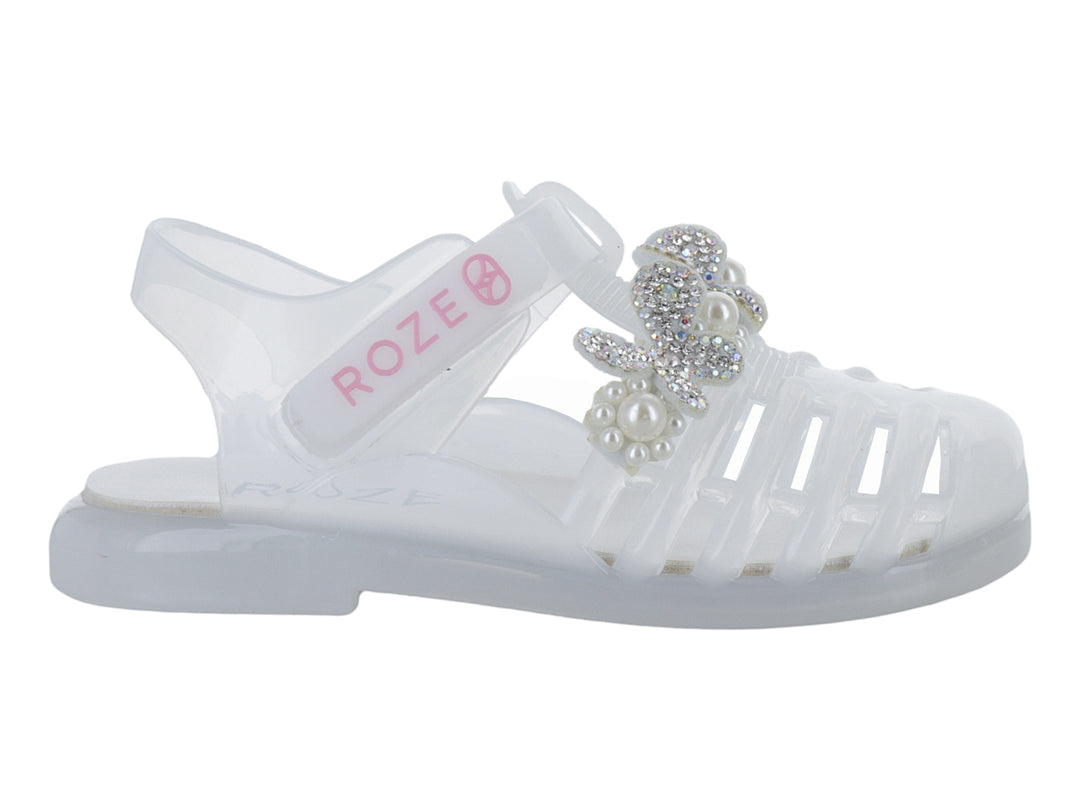 Sandalia blanca para bebé con adorno de perlas y brillantes y correa ajustable.