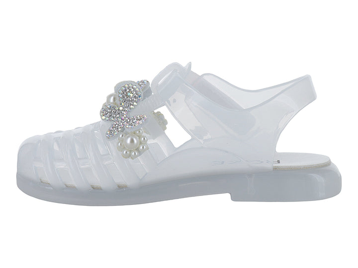 Sandalia blanca para bebé con adorno de perlas y brillantes y correa ajustable.