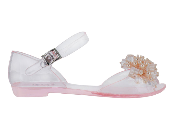 Sandalia transparente para niña con detalles de perlas decorativas en la punta y correa ajustable rosa.