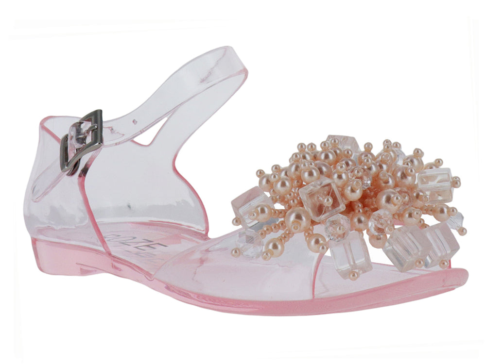 Sandalia transparente para niña con detalles de perlas decorativas en la punta y correa ajustable rosa.
