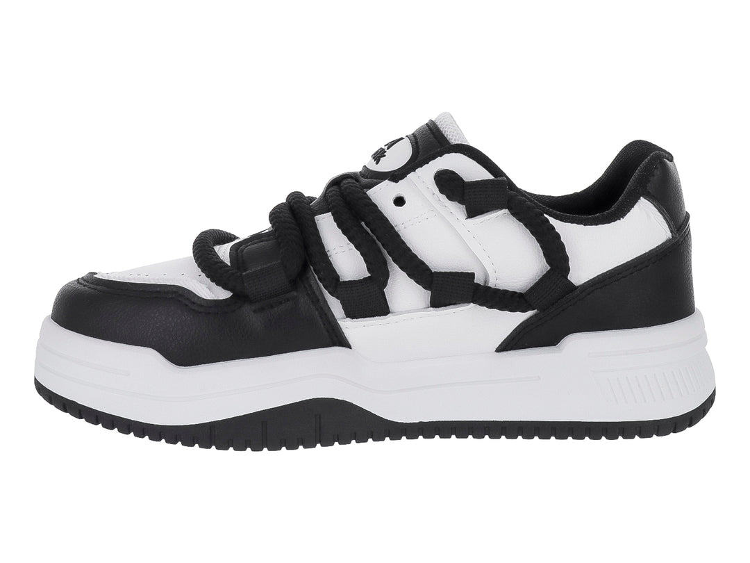 Tenis deportivos ATOK en colores blanco y negro con suela de plataforma y cordones anchos.