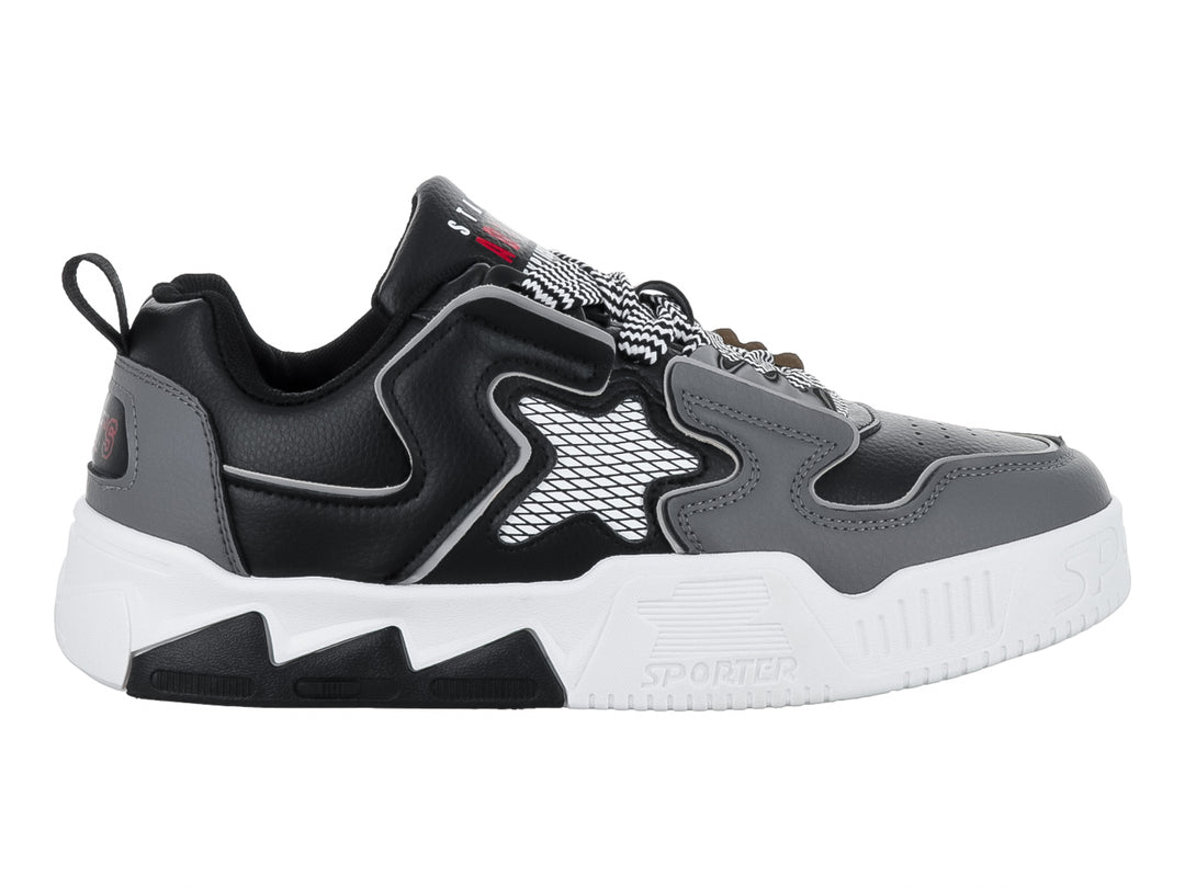 Tenis deportivos ZAEM color negro y gris con suela blanca y detalle de estrella en el costado.