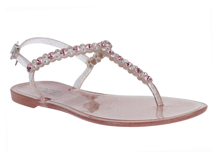 Sandalia plana color rosa con glitter y detalles de cuentas brillantes para niña.