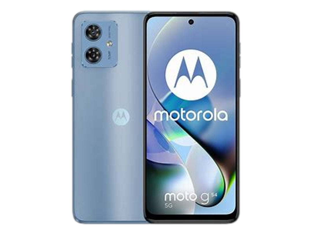 Teléfono inteligente Motorola Moto G54 en color azul ártico, vista frontal y trasera sobre fondo blanco.
