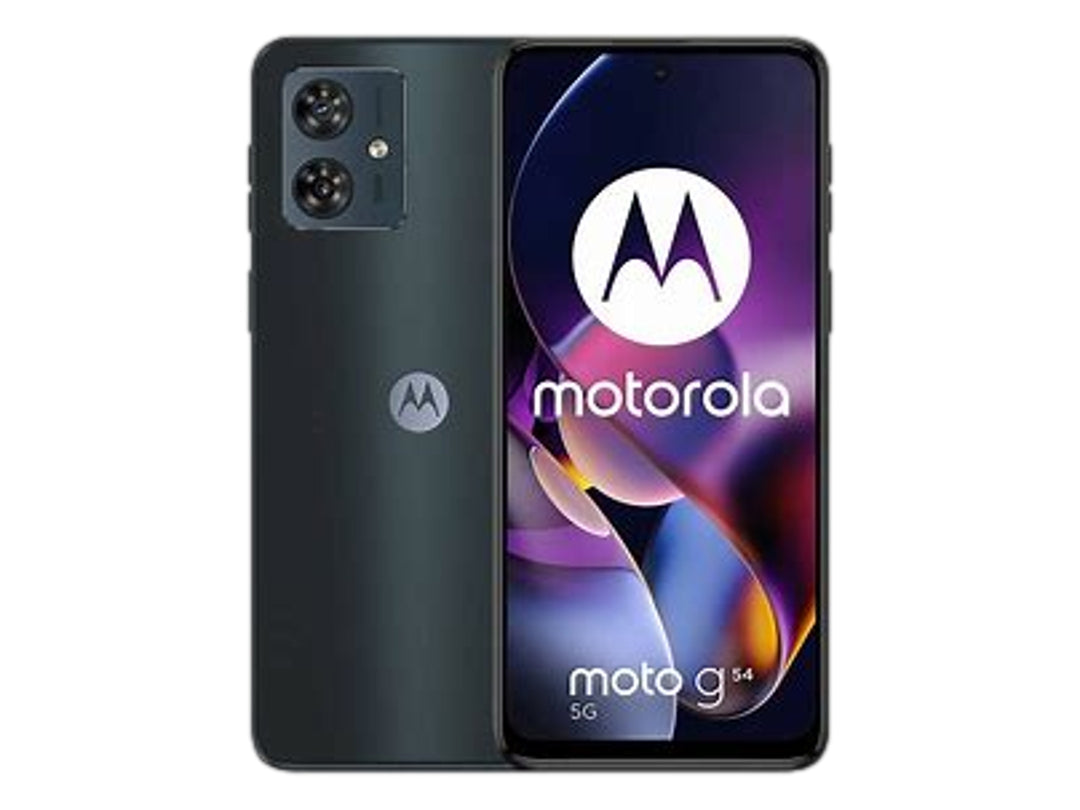 Teléfono Motorola Moto G54 en color negro espacial, vista frontal y posterior sobre fondo blanco.