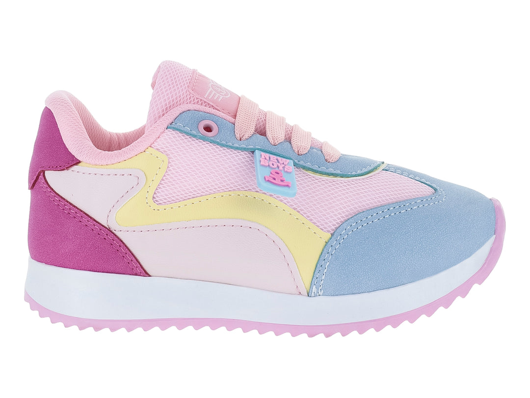 Tenis deportivos infantiles New Boys modelo Tokyo en colores rosa, azul cielo y amarillo con suela blanca y rosa.