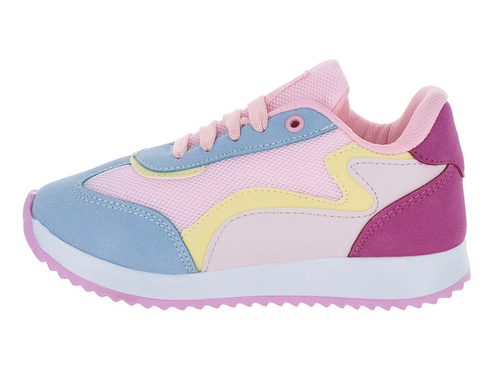 Tenis deportivos infantiles New Boys modelo Tokyo en colores rosa, azul cielo y amarillo con suela blanca y rosa.