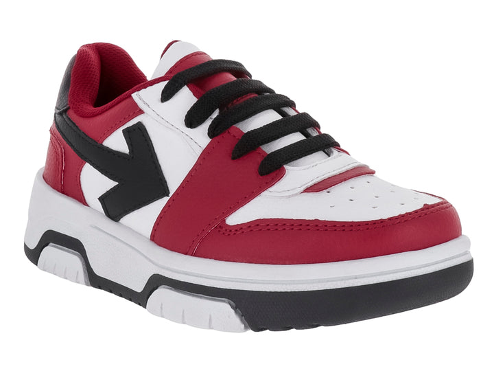 Tenis infantiles color rojo, blanco y negro con suela blanca y detalle de flecha negra lateral.