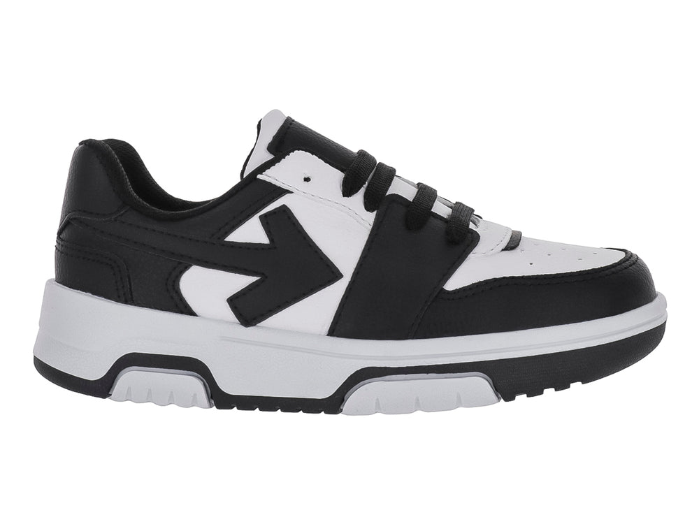 Tenis infantiles New Boys en colores blanco y negro con suela blanca y detalles negros.