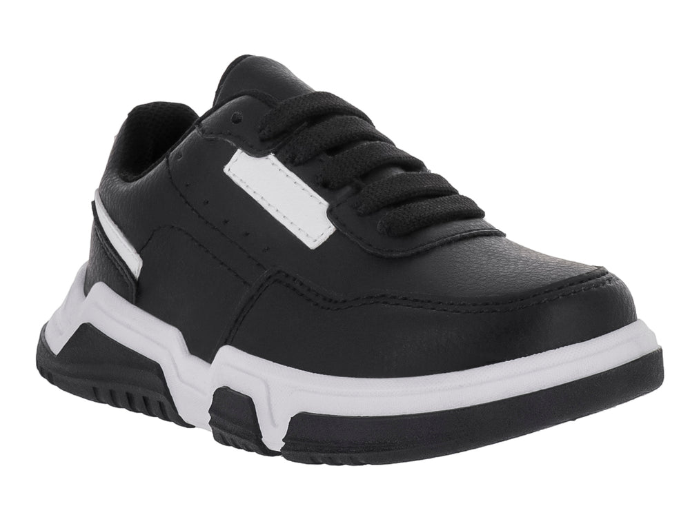 Tenis infantiles color negro con suela blanca gruesa y detalles laterales en color blanco.