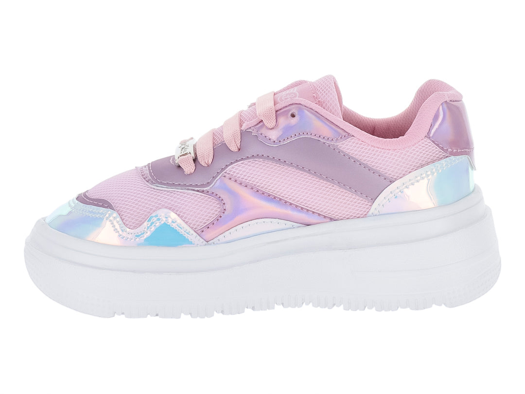 Tenis infantiles color rosa con detalles tornasol y suela blanca de plataforma.