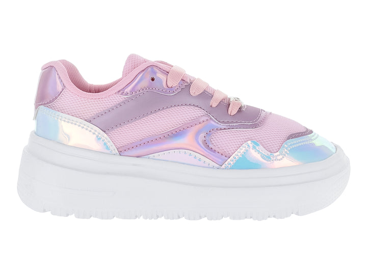 Tenis infantiles color rosa con detalles tornasol y suela blanca gruesa.