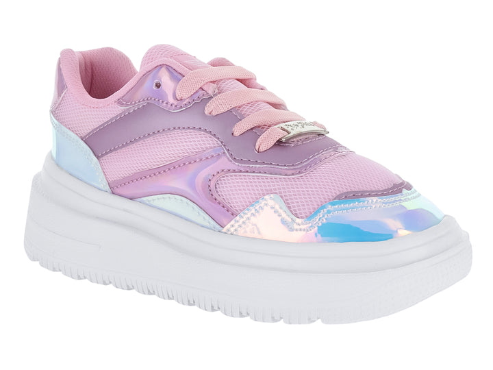 Tenis infantiles color rosa con detalles tornasol y suela blanca gruesa.