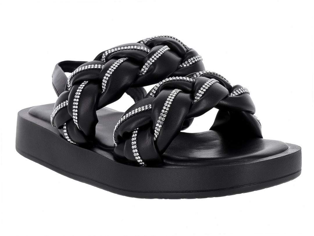 Sandalias negras de plataforma con tiras trenzadas decoradas con brillantes y correa posterior.
