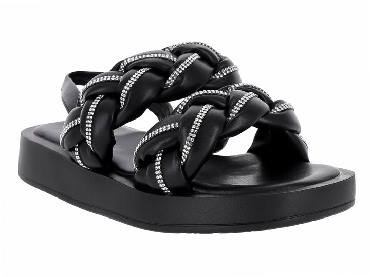 Sandalias negras de plataforma con tiras trenzadas decoradas con brillantes y correa posterior.