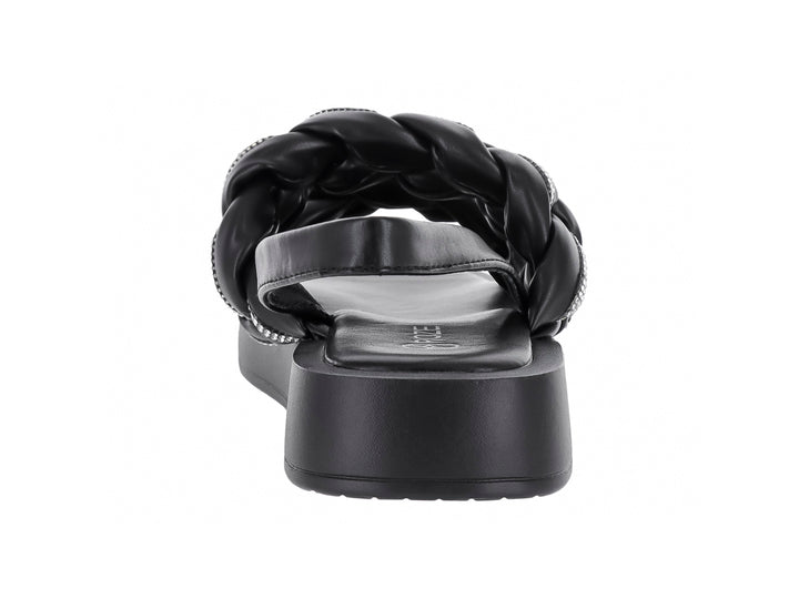 Sandalias negras de plataforma con tiras trenzadas decoradas con brillantes y correa posterior.