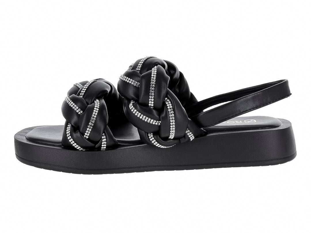 Sandalias negras de plataforma con tiras trenzadas decoradas con brillantes y correa posterior.