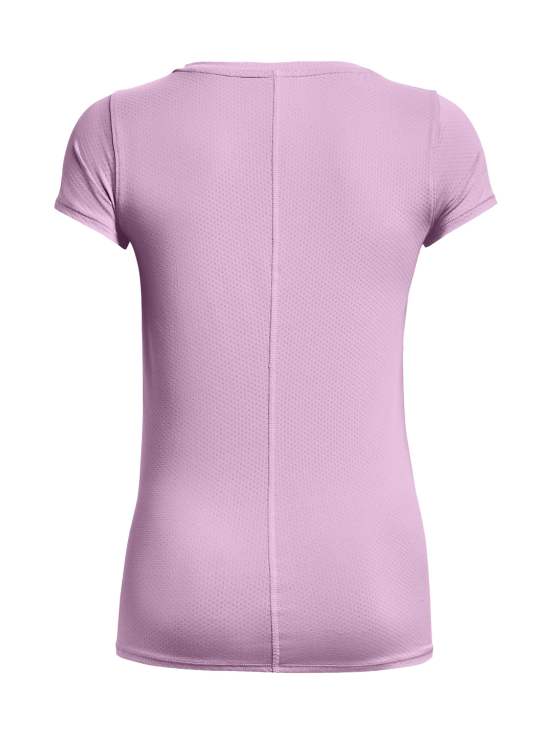 Mujer vistiendo camiseta deportiva de manga corta color morado claro marca Under Armour.
