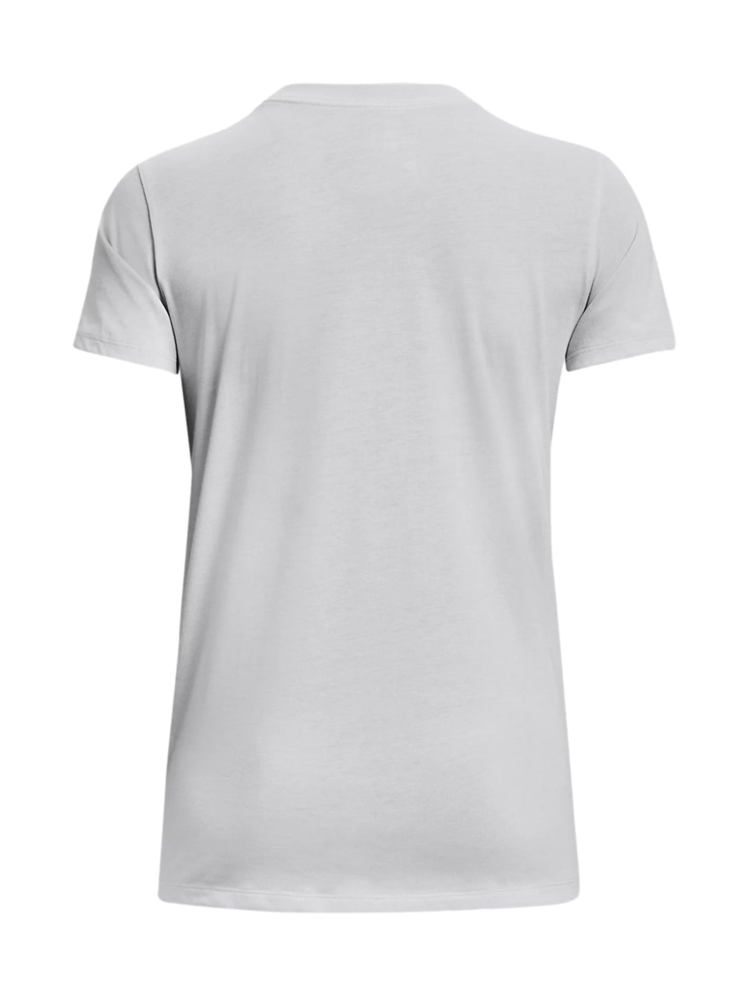 Mujer vistiendo una camiseta deportiva gris de manga corta con logo de Under Armour en el pecho.