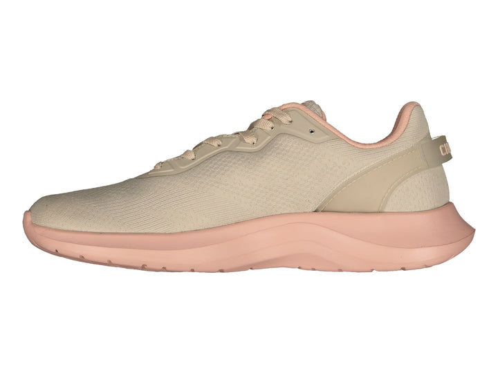 Tenis deportivos Charly color beige con suela rosa, vista lateral.