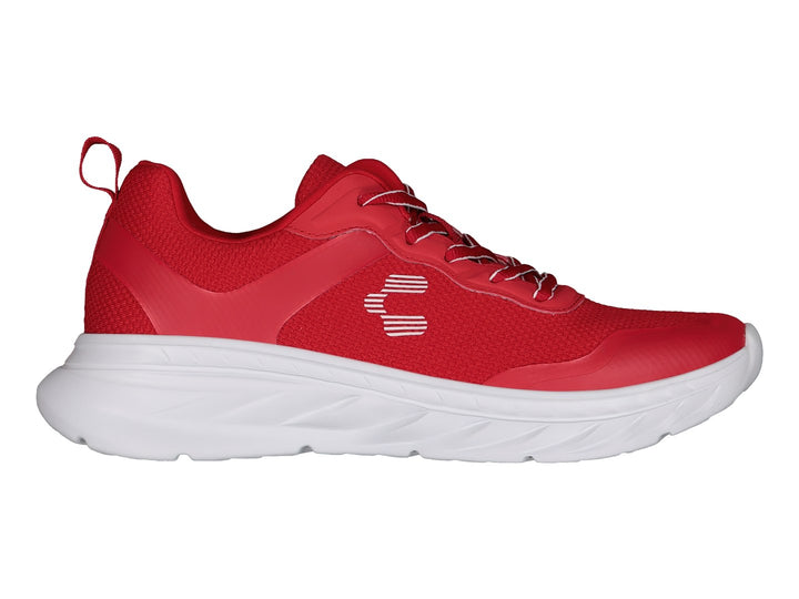 Tenis deportivos Charly de color rojo con suela blanca.