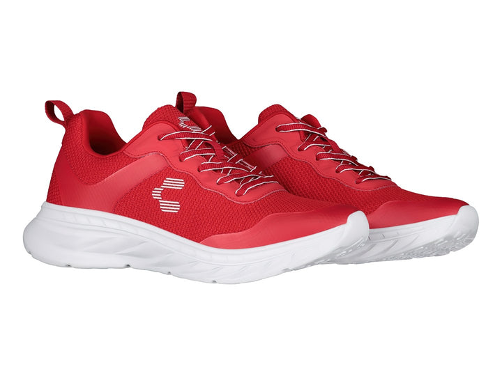 Tenis deportivos Charly de color rojo con suela blanca.