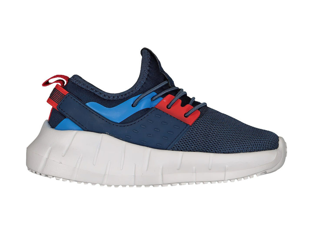Tenis deportivos Charly color azul marino con suela blanca y detalles en rojo y azul claro.