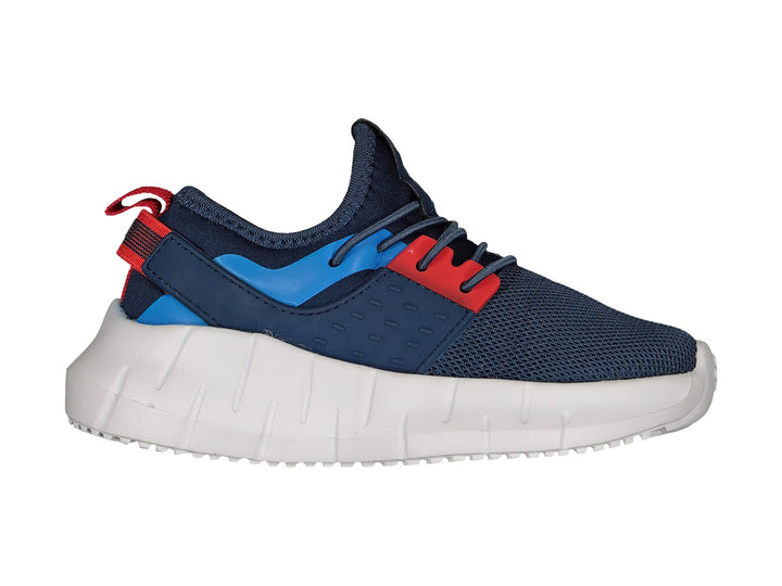 Tenis deportivos Charly color azul marino con suela blanca y detalles en rojo y azul claro.