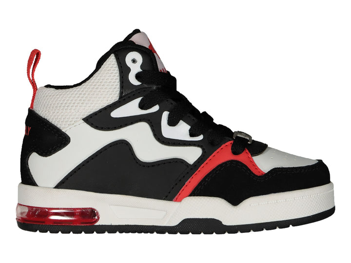 Tenis deportivos de bota en colores negro, blanco y rojo con suela blanca y cámara de aire roja.