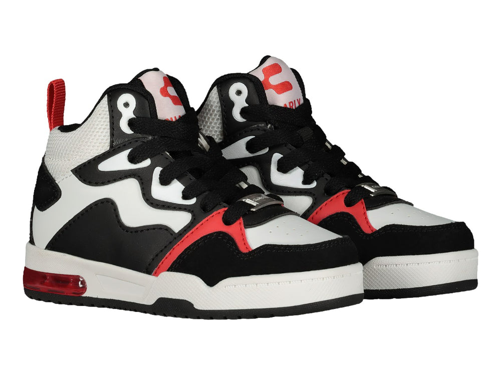 Tenis deportivos de bota en colores negro, blanco y rojo con suela blanca y cámara de aire roja.