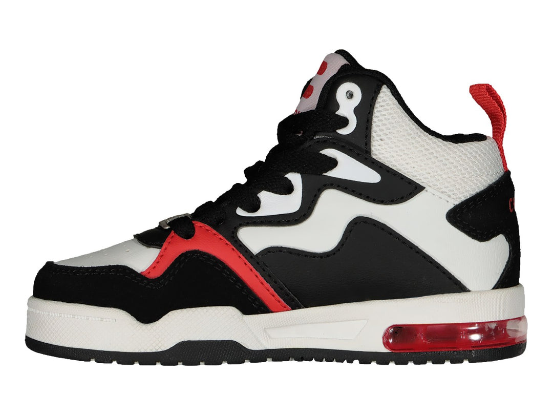 Tenis deportivos de bota en colores negro, blanco y rojo con suela blanca y cámara de aire roja.