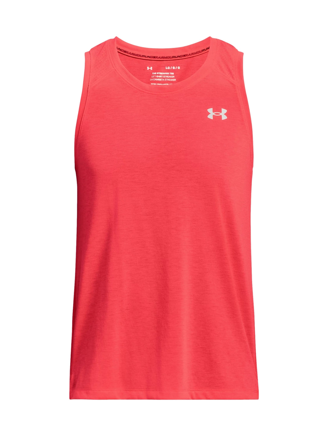 Hombre vistiendo una camiseta deportiva sin mangas de color rojo de la marca Under Armour.