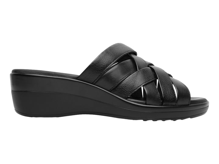 Sandalia Flexi color negro para mujer con diseño de tiras entrelazadas y suela de cuña cómoda.