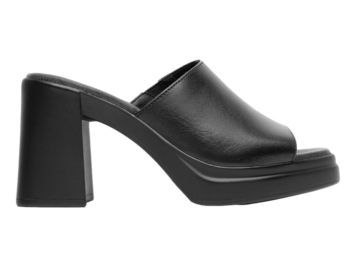 Sandalia negra de cuero con tacón grueso y plataforma para mujer.